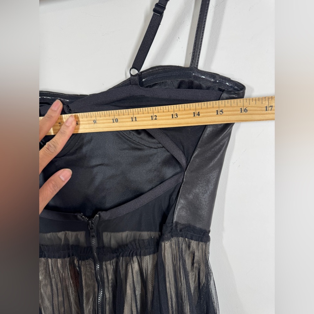 Alice + Olivia Leather Tulle Dress Black Fit Flare Party Mini Size 6 Dark Goth - Picture 7 of 15